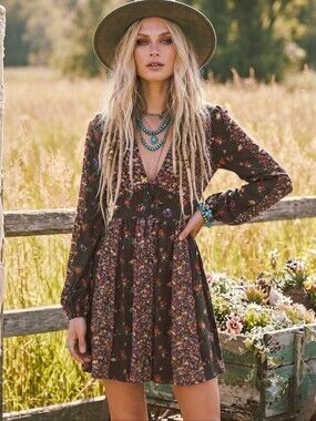SO Goods for Life Floral Prarie Boho Long Sleeve A-line-Empire Waist Minidress S